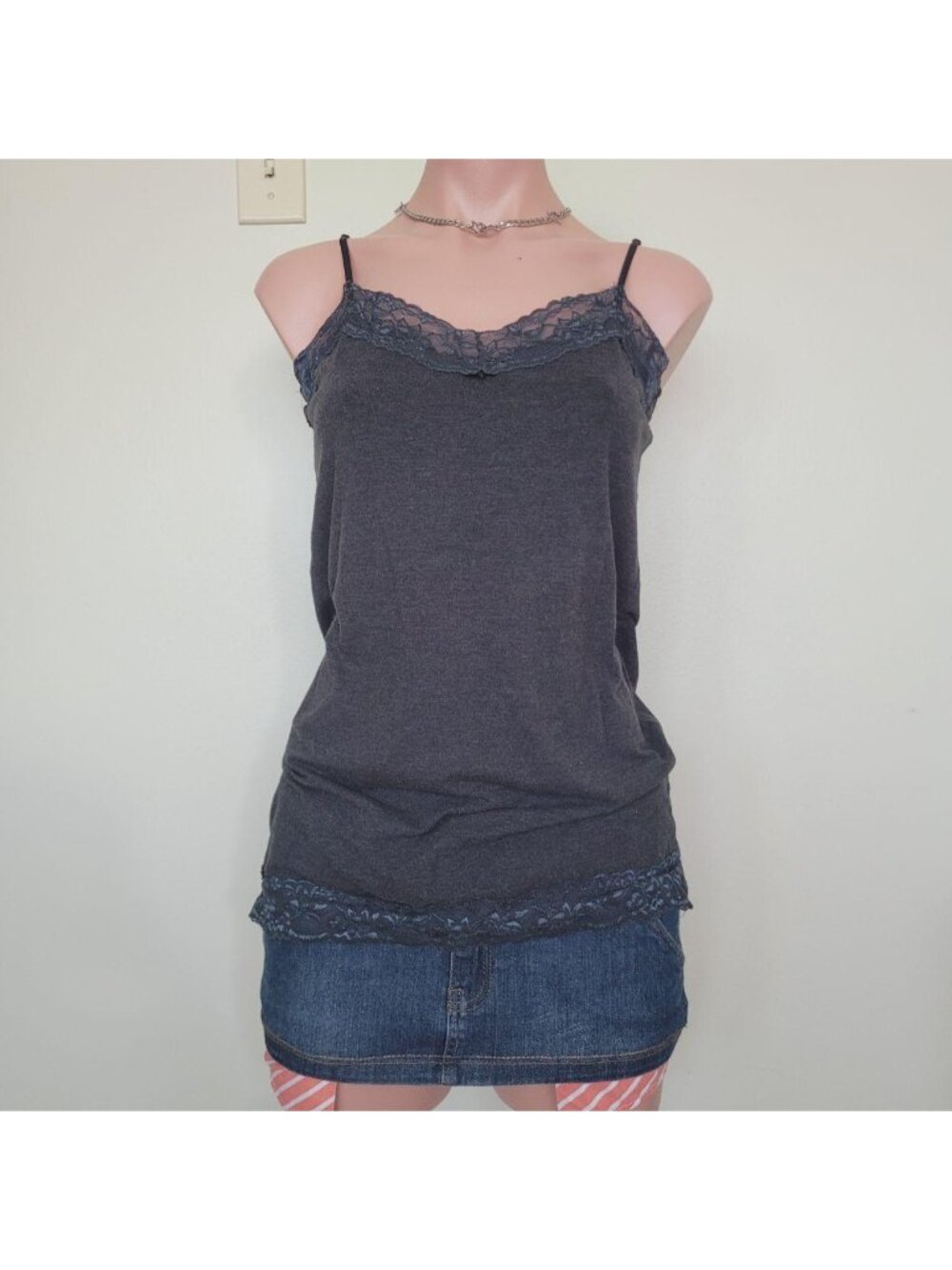Rosio Heather Grey Coquette Lace Panel Trim Cotton Camisole (XL)